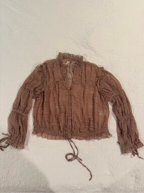 H&M Mauve Brown Ruffle-Trim Drawstring Blouse